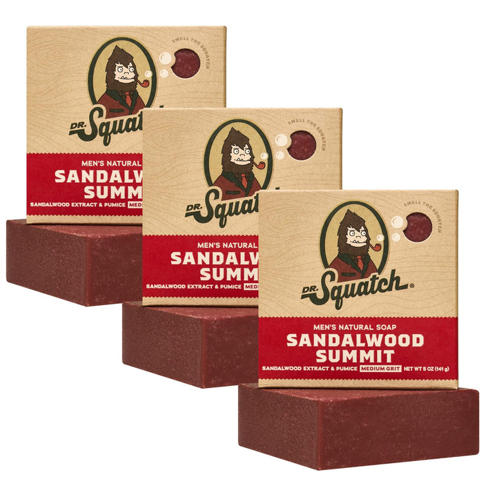 Dr. Squatch front packaging showing three sandalwood soap bars and gift-ready design benefit: easy gifting