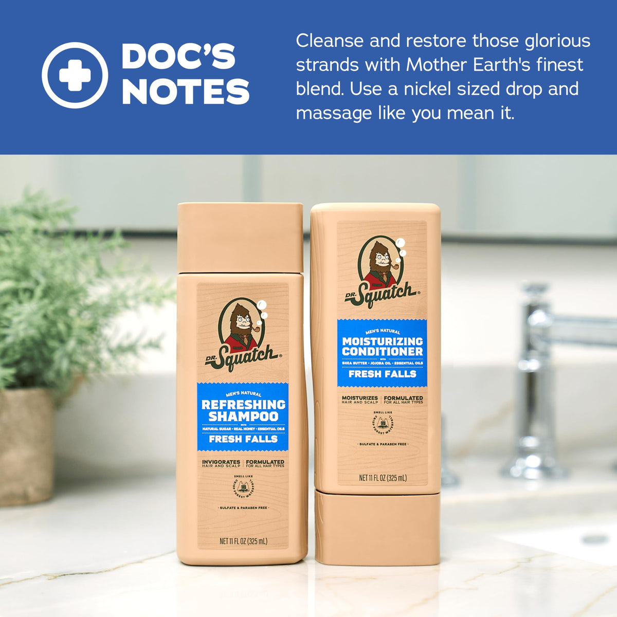Dr. Squatch shampoo and conditioner set staged in shower showing convenience