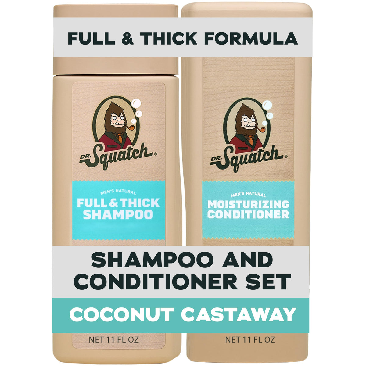 Dr. Squatch front packaging showing shampoo and conditioner, clear product presentation