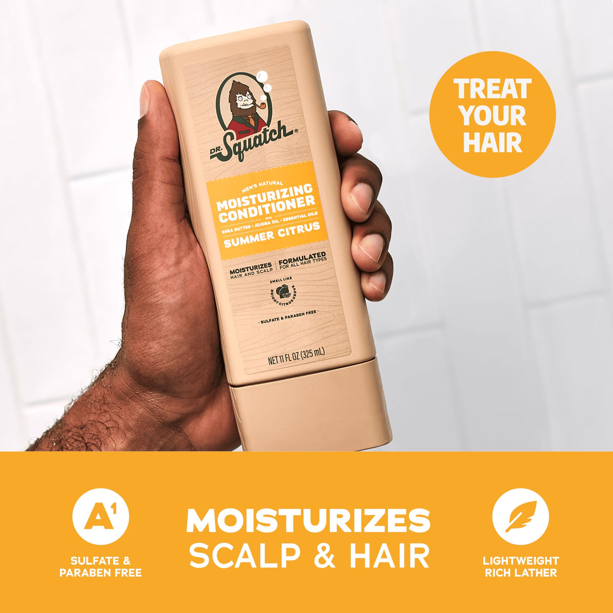 Dr. Squatch shampoo pump close-up highlighting easy dispensing and clean lather