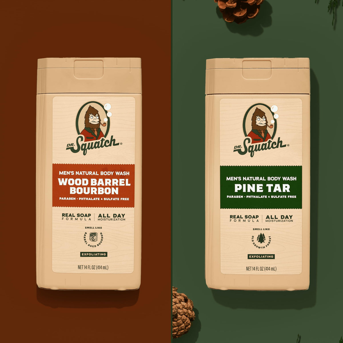 Dr. Squatch bottle next to a hand demonstrating the 14 oz size and longevity