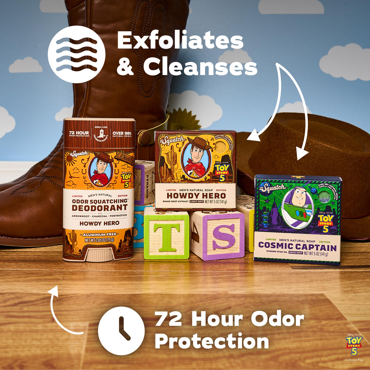 Dr. Squatch soap bars close-up showing texture and edges benefit: rich, long-lasting bars