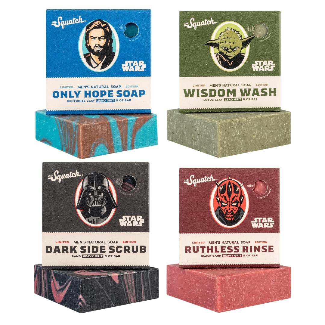 Dr. Squatch front packaging showing four Star Wars soap bars and branding benefits