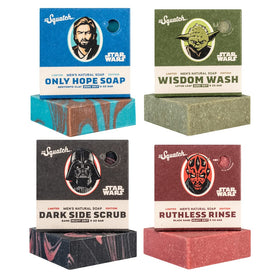Dr. Squatch front packaging showing four Star Wars soap bars and branding benefits
