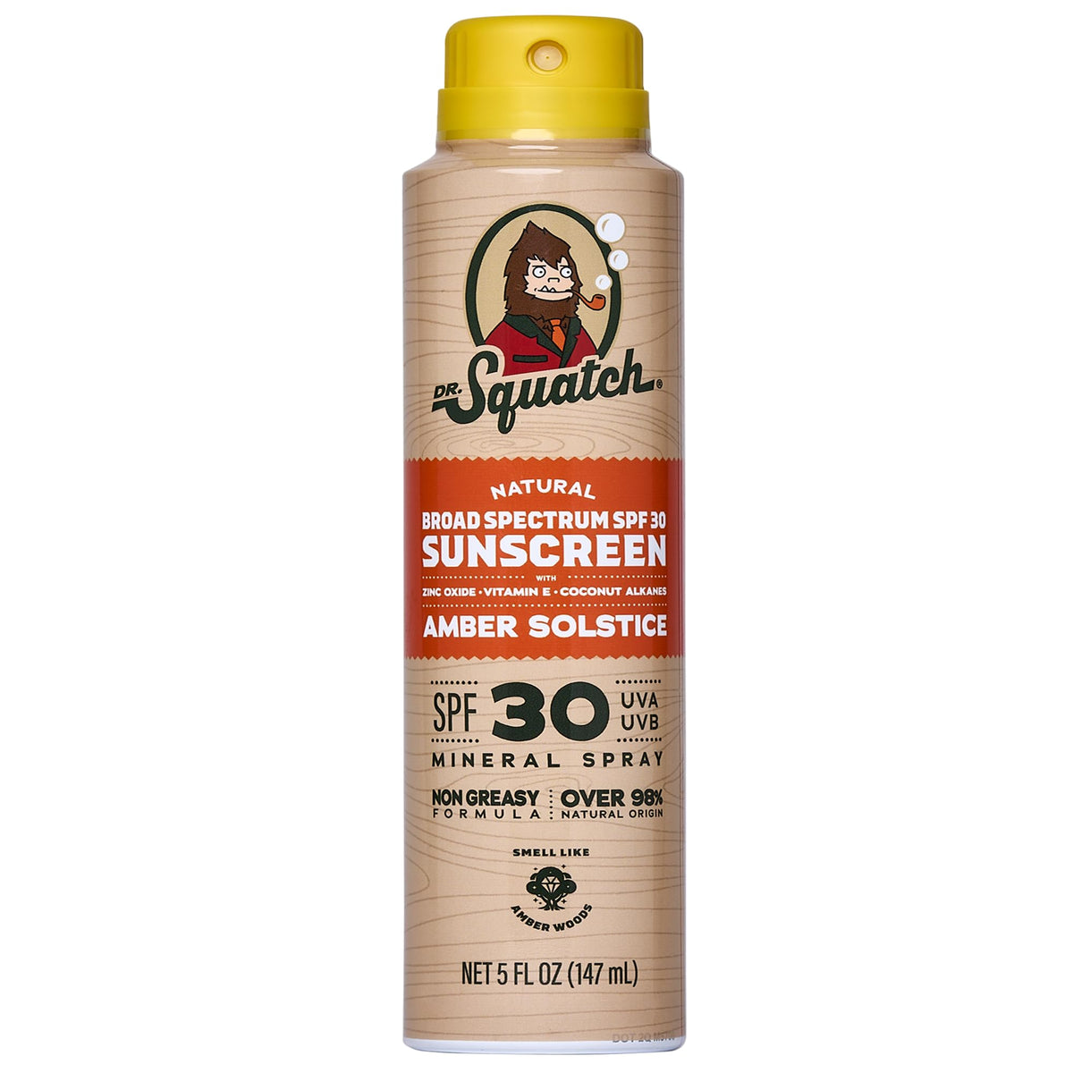 Dr. Squatch front packaging showing SPF 30 and amber solstice scent benefit
