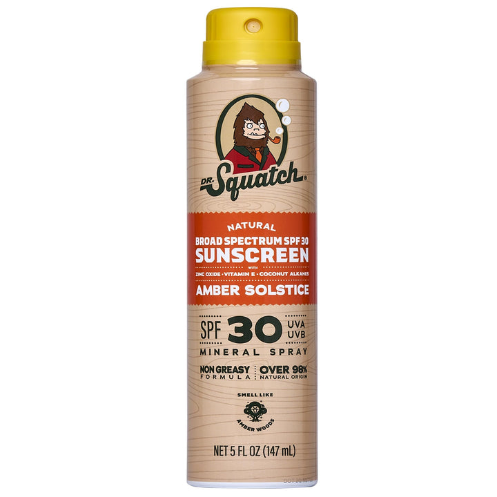 Dr. Squatch front packaging showing SPF 30 and amber solstice scent benefit