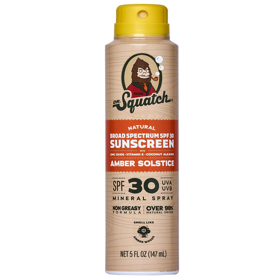 Dr. Squatch front packaging showing SPF 30 and amber solstice scent benefit
