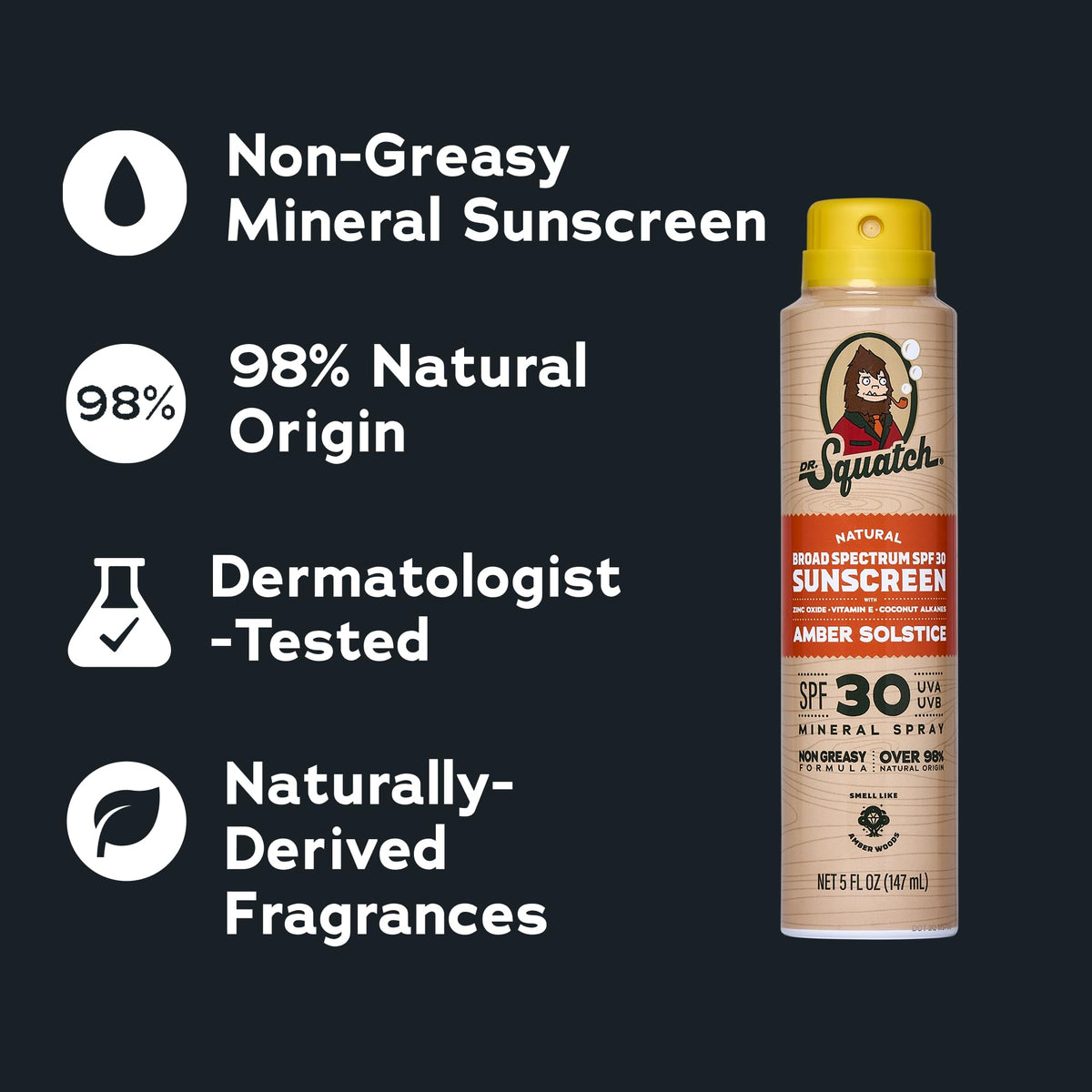 Dr. Squatch sunscreen being sprayed from bottle in hand for quick, even application