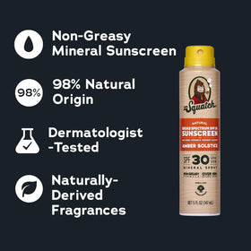 Dr. Squatch sunscreen being sprayed from bottle in hand for quick, even application