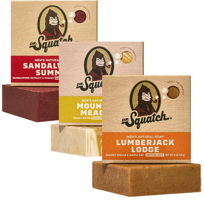 Dr. Squatch three-bar pack front view showing all scents and gift-ready packaging for variety