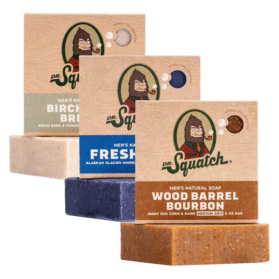 Dr. Squatch three-pack front packaging showing all three scent labels and gift-ready presentation
