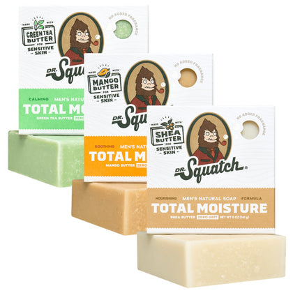 Dr. Squatch front packaging showing three Total Moisture bars and benefits