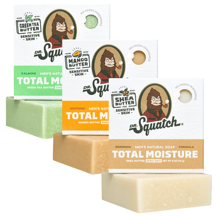 Dr. Squatch front packaging showing three Total Moisture bars and benefits