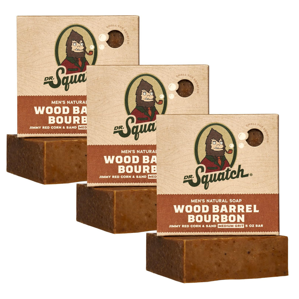 Dr. Squatch front packaging showing three Wood Barrel Bourbon bars and rustic design benefits grooming routine