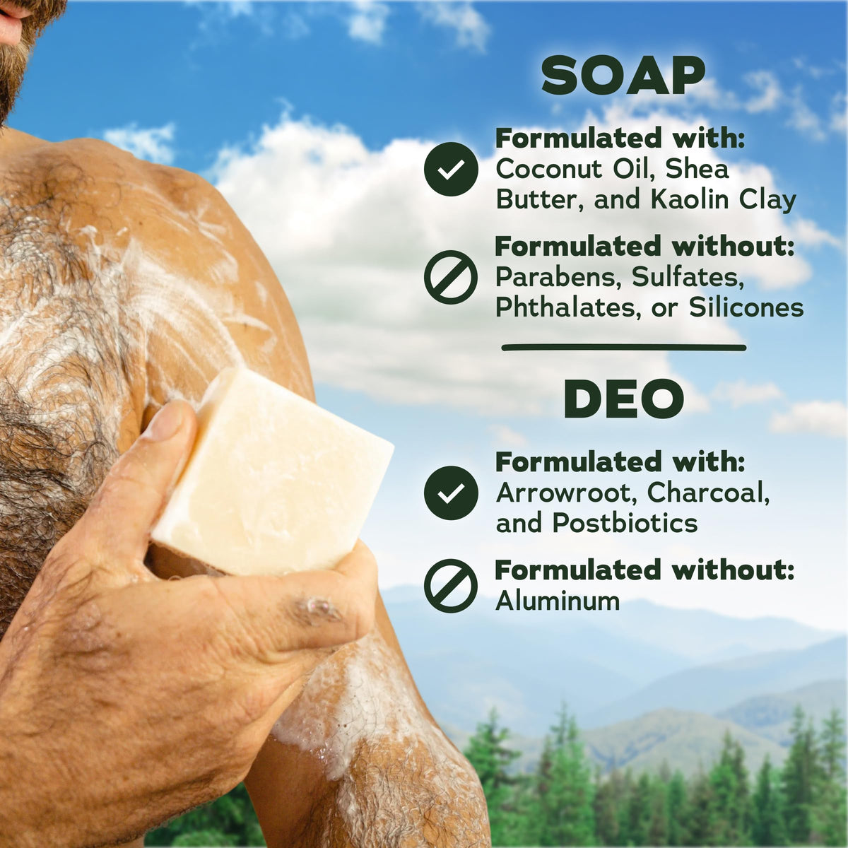 Dr. Squatch Howdy Hero lifestyle shot outdoors near wood textures benefit: warm, woodsy scent mood