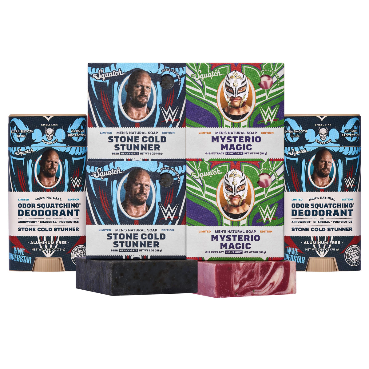 Dr. Squatch WWE collection front packaging showing full six-pack benefits