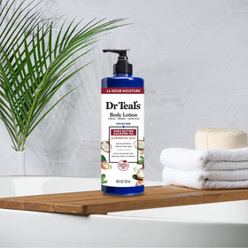 Dr Teal's bottle on bathroom counter conveying daily skincare routine