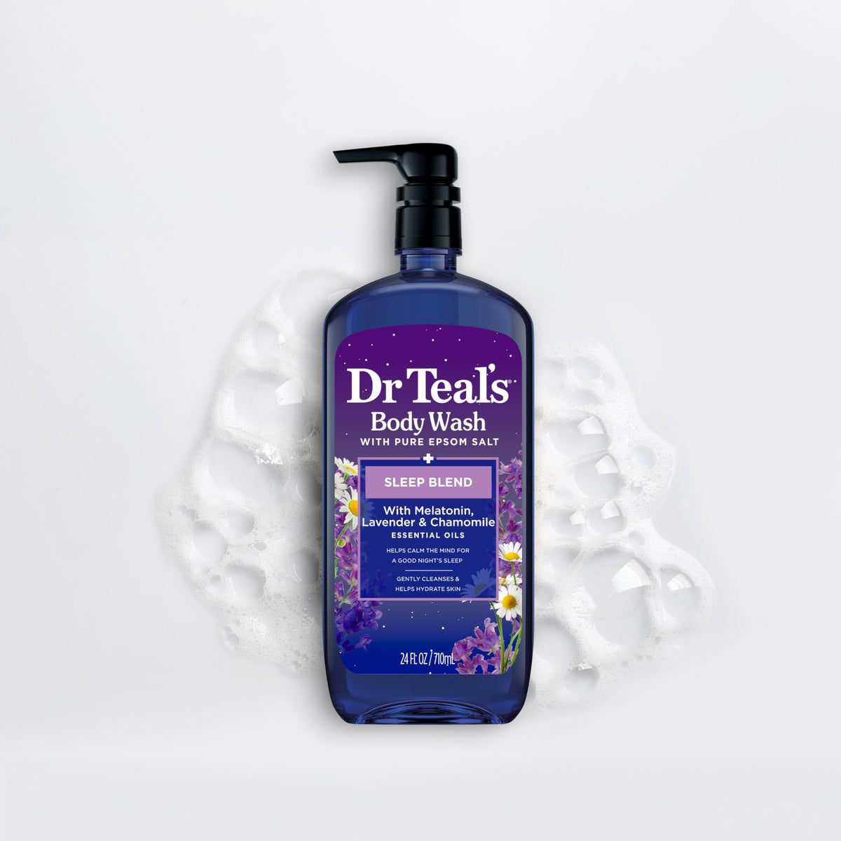 Dr Teal's bottle in a bathroom evening routine suggesting calming pre-sleep ritual