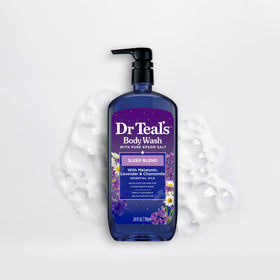 Dr Teal's bottle in a bathroom evening routine suggesting calming pre-sleep ritual