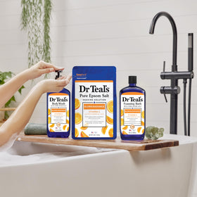 Dr Teal's bottle pictured beside Epsom salt for exfoliant pairing