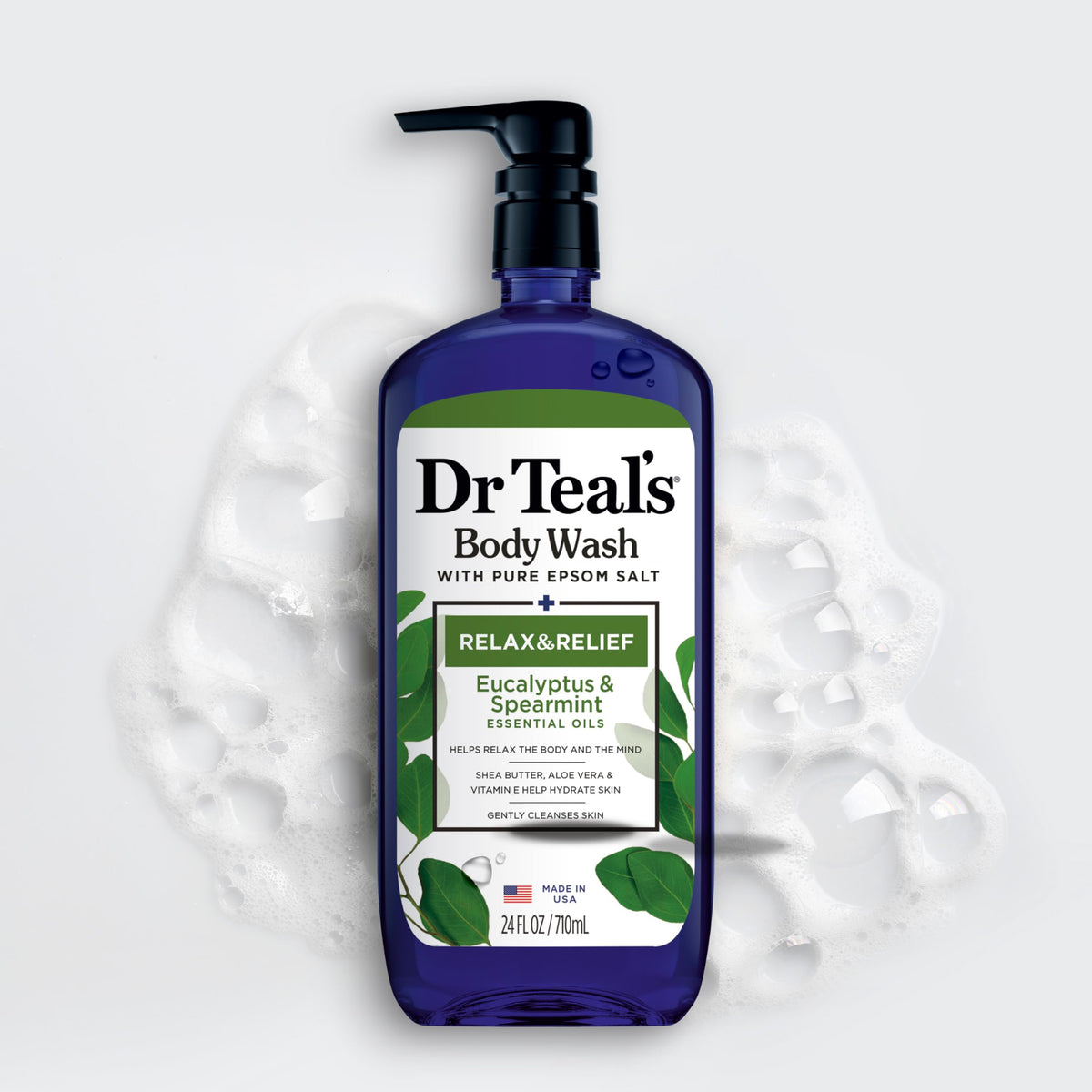 Dr Teal's bottle beside Epsom salt soak showing pairing for exfoliation benefit