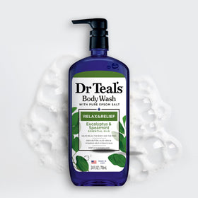 Dr Teal's bottle beside Epsom salt soak showing pairing for exfoliation benefit