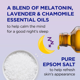 Dr Teal's bottle pump and label close-up highlighting melatonin and lavender benefits