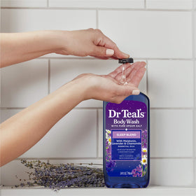 Dr Teal's bottle with Epsom salt bath setup suggesting exfoliation and ritual pairing