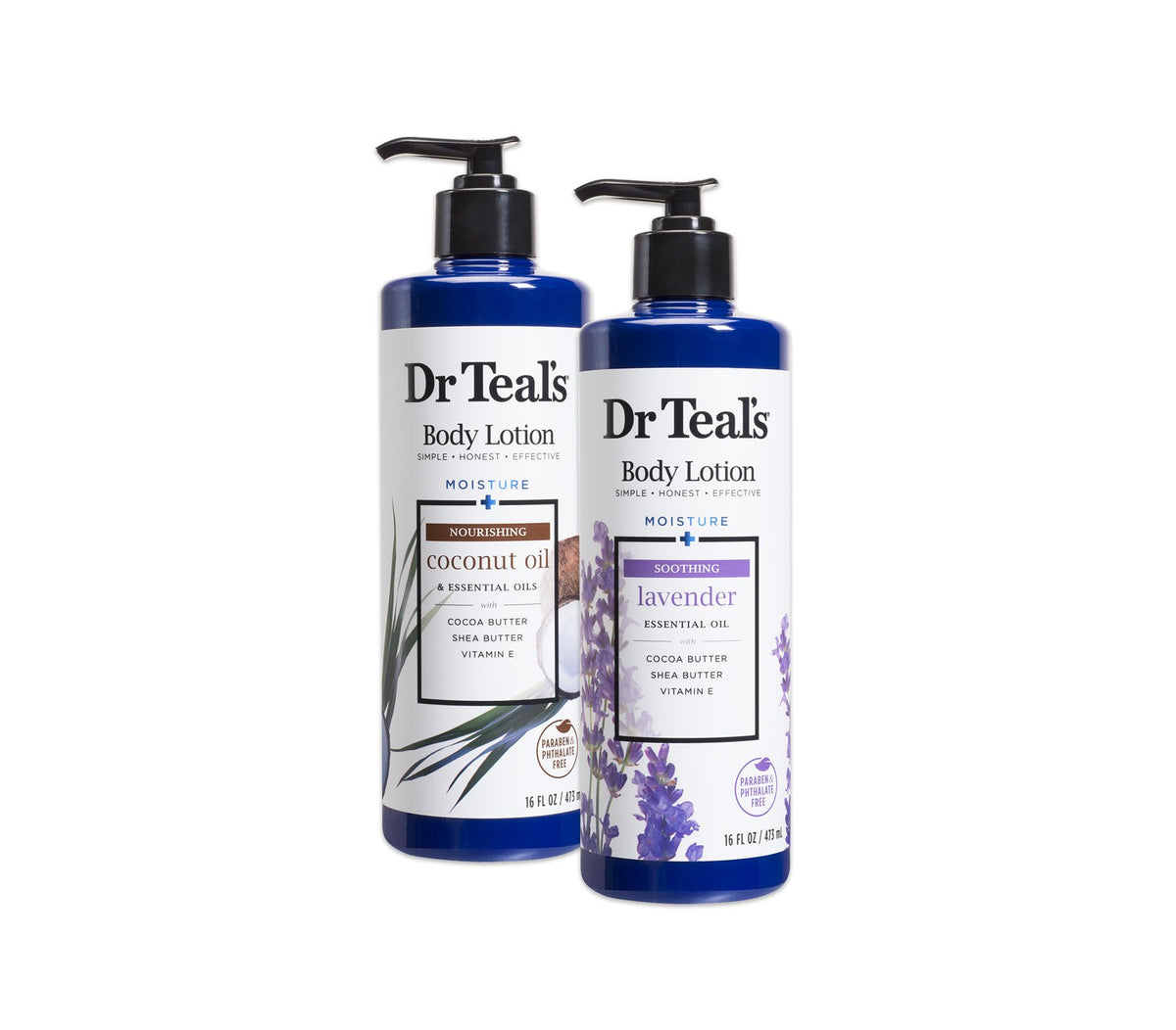 Dr Teal's front packaging showing lotion bottles and calming benefits