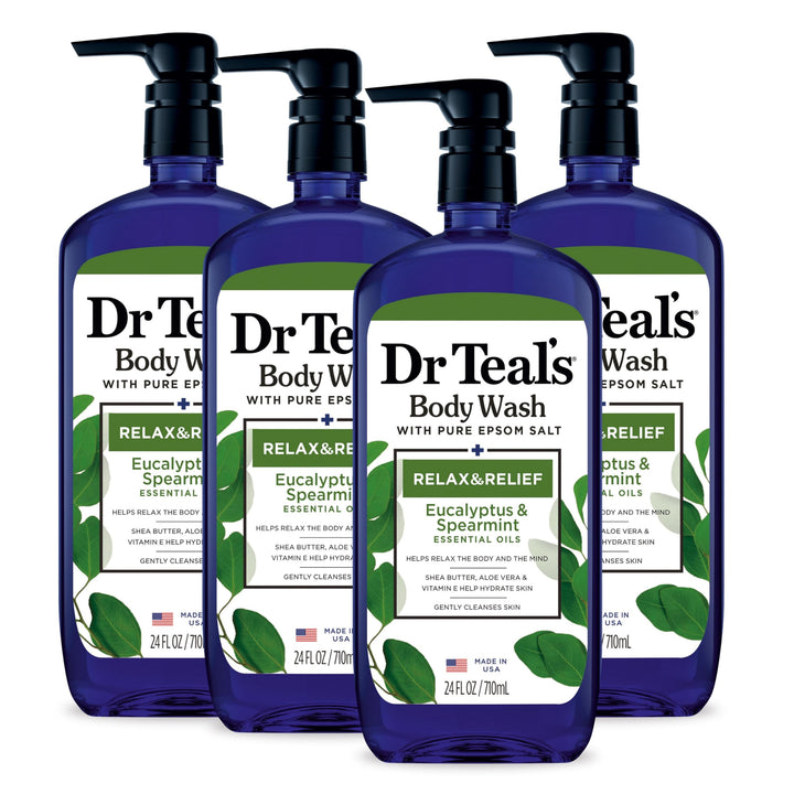 Dr Teal's front bottle showing eucalyptus and spearmint label and calming benefit