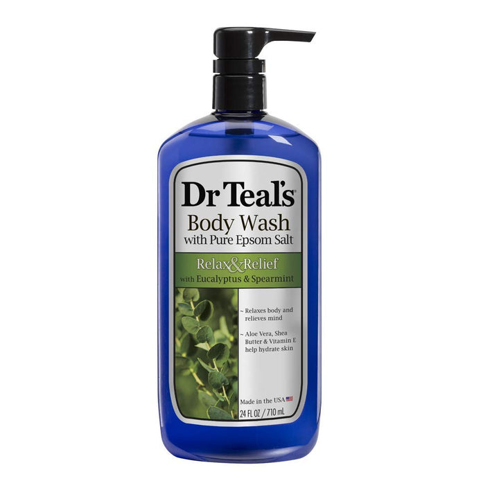 Dr Teal's front packaging showing three 24 oz bottles and relaxing scent benefits