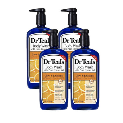 Dr Teal's front-packaging showing four 24oz bottles and citrus benefit