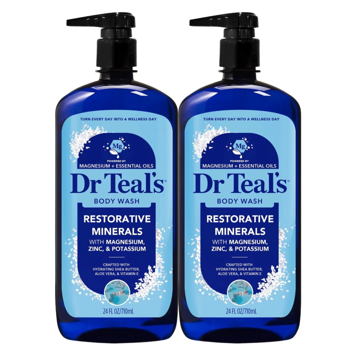 Dr Teal's front packaging showing restorative minerals and two 24 fl oz bottles for convenience