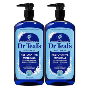 Dr Teal's front packaging showing restorative minerals and two 24 fl oz bottles for convenience