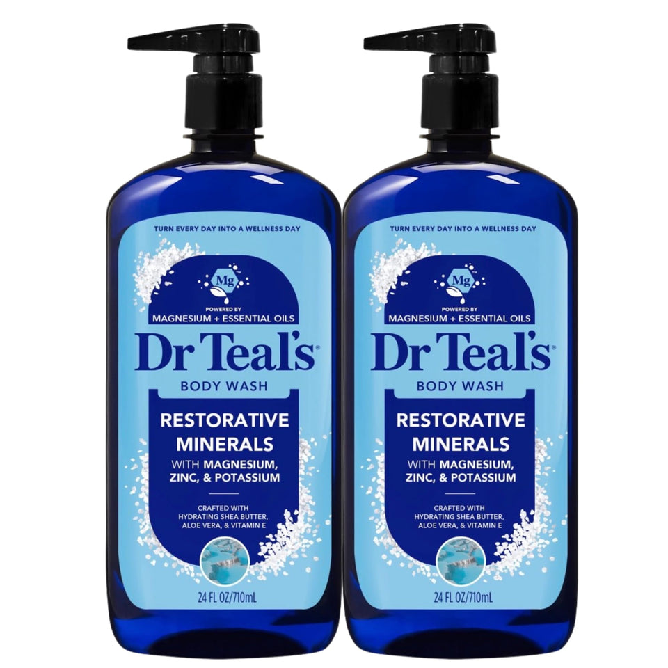 Dr Teal's front packaging showing restorative minerals and two 24 fl oz bottles for convenience