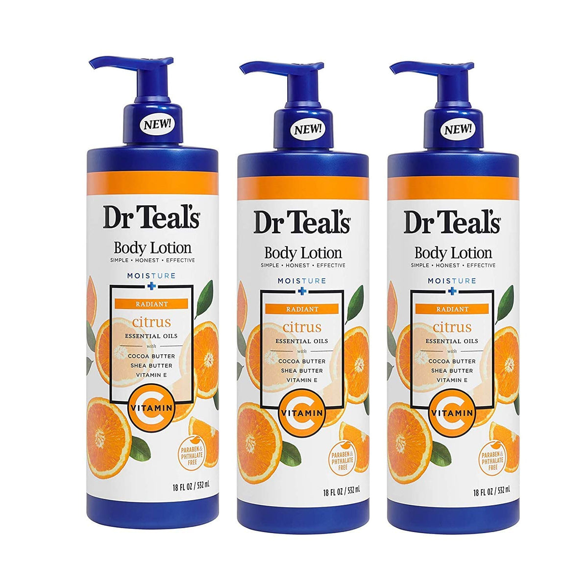 Dr Teal's front packaging showing three 18oz bottles and bright citrus benefit