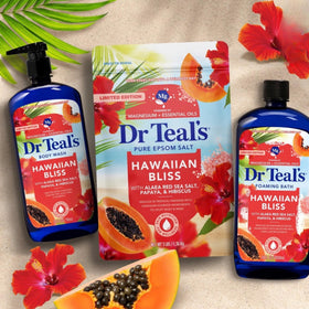 Dr Teal's cobalt packaging on a shelf illustrating decorative bathroom storage appeal