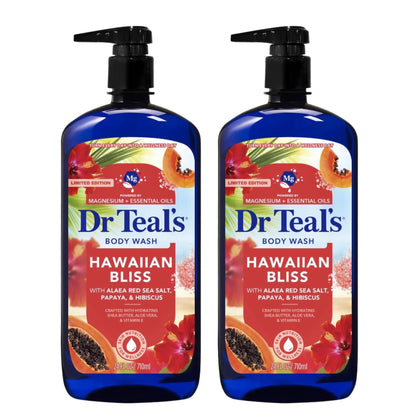Dr Teal's front packaging showing dual 24 fl oz bottles and benefit of spa-like cleansing