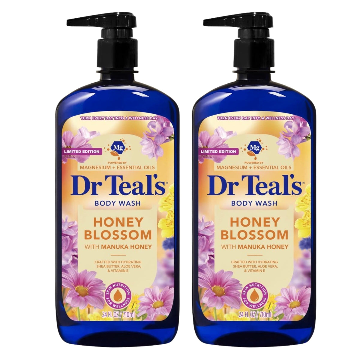 Dr Teal's front packaging showing twin bottles and honey blossom scent benefits