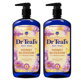 Dr Teal's front packaging showing twin bottles and honey blossom scent benefits