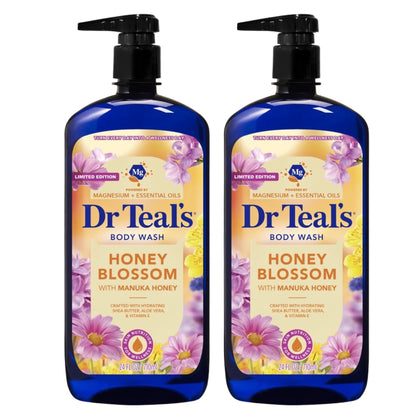 Dr Teal's front packaging showing twin bottles and honey blossom scent benefits