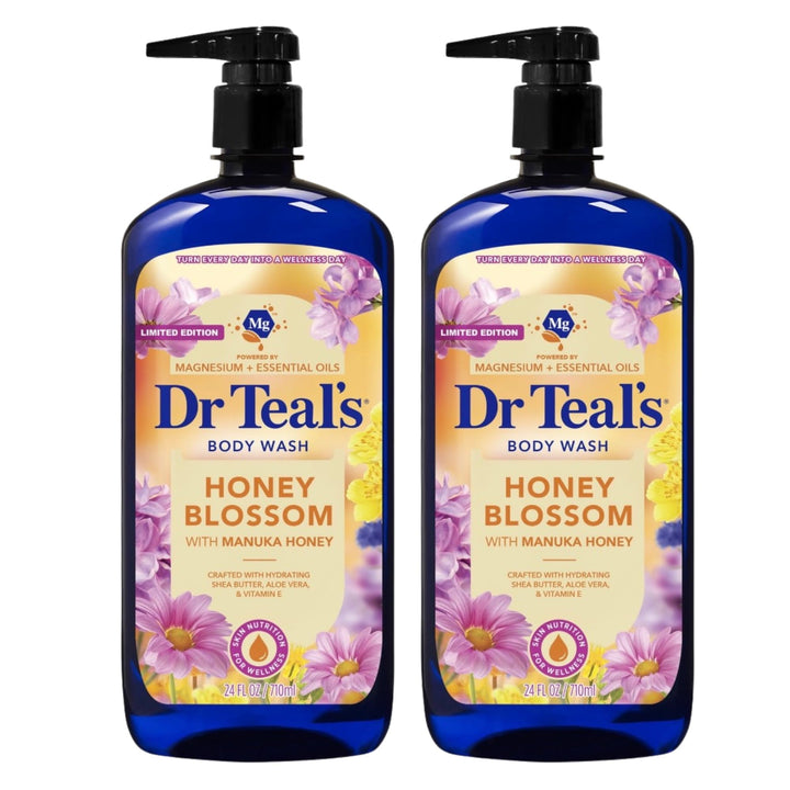 Dr Teal's front packaging showing twin bottles and honey blossom scent benefits
