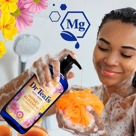 Dr Teal's in-shower lifestyle scene showing relaxing scent and calming wash