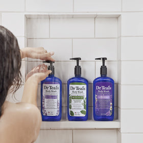 Dr Teal's body wash in use in shower showing calming routine benefit