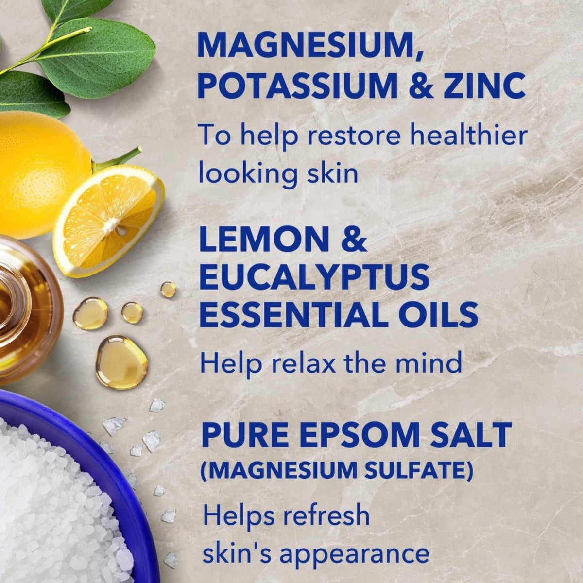 Dr Teal's ingredient bottles with Epsom salt, shea butter and aloe vera emphasizing nourishing formula