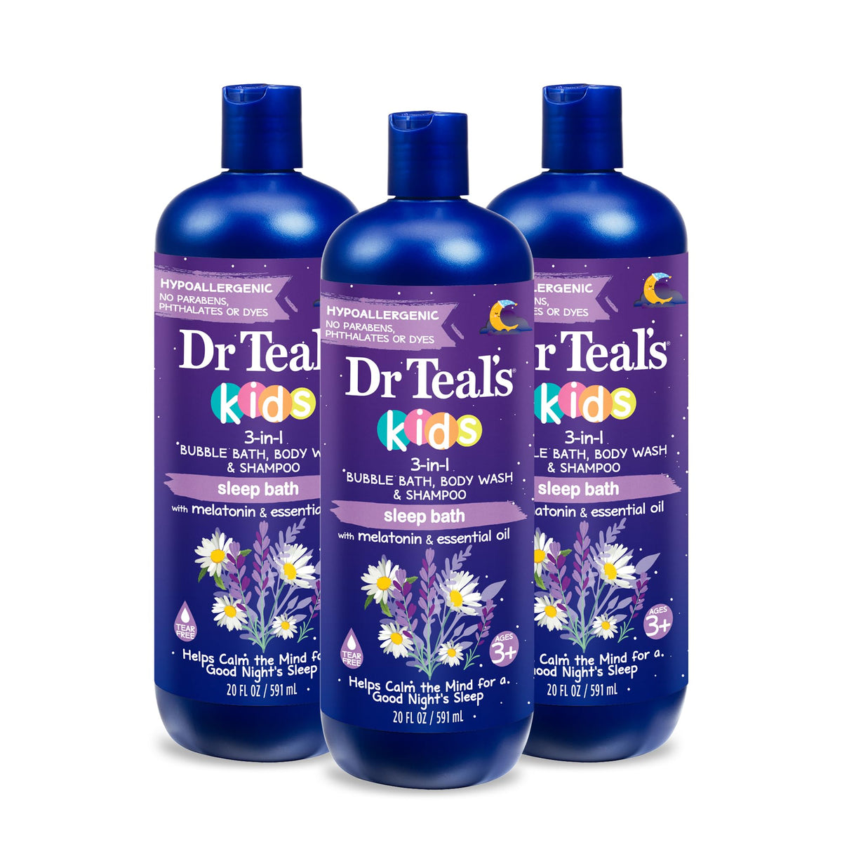 Dr Teal's front packaging showing 3-in-1 bottle and calming lavender scent benefit