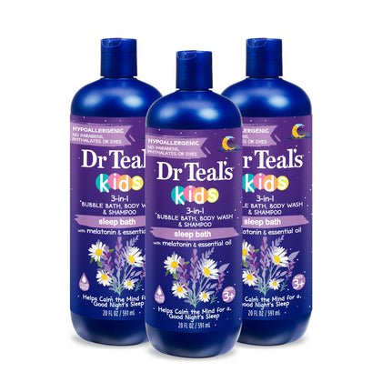 Dr Teal's front packaging showing 3-in-1 bottle and calming lavender scent benefit
