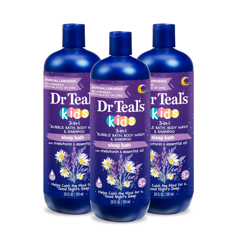 Dr Teal's front packaging showing 3-in-1 bottle and calming lavender scent benefit