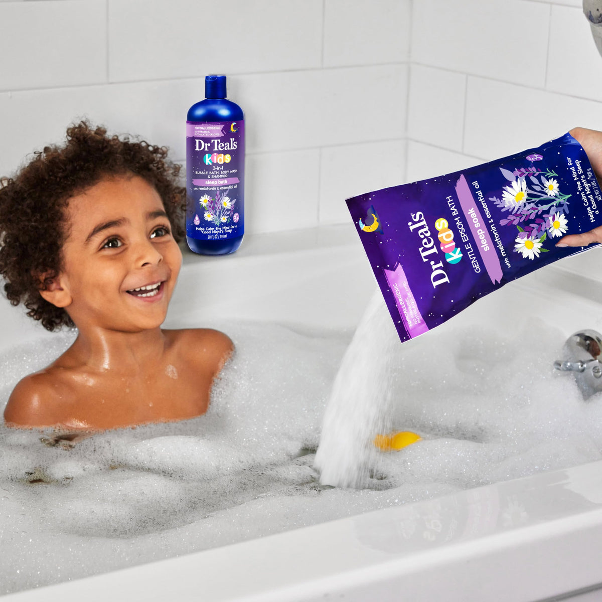 Dr Teal's family enjoying a bedtime bath scene, illustrating relaxing routine benefit