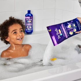 Dr Teal's family enjoying a bedtime bath scene, illustrating relaxing routine benefit
